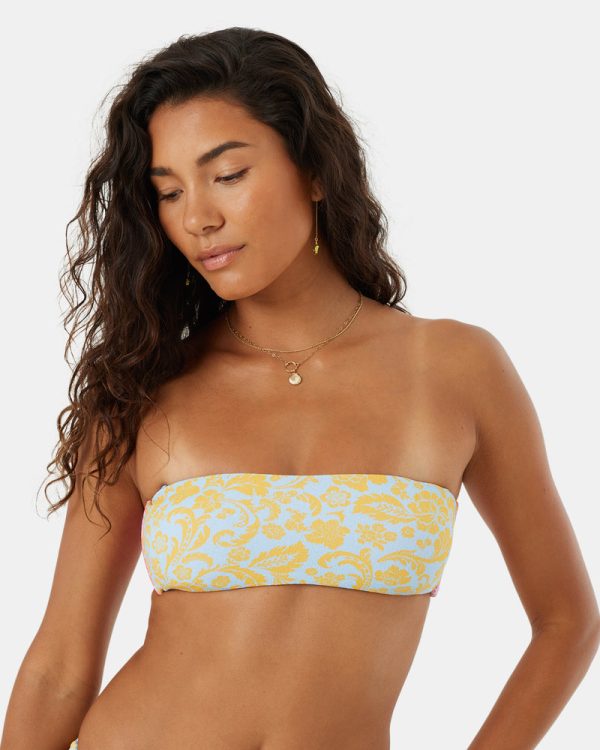 Bikini Tops | Women Roxy Tapestry Patchwork Bandeau Lace Up Bikini Top Multi Floral Colorblock - Image 4