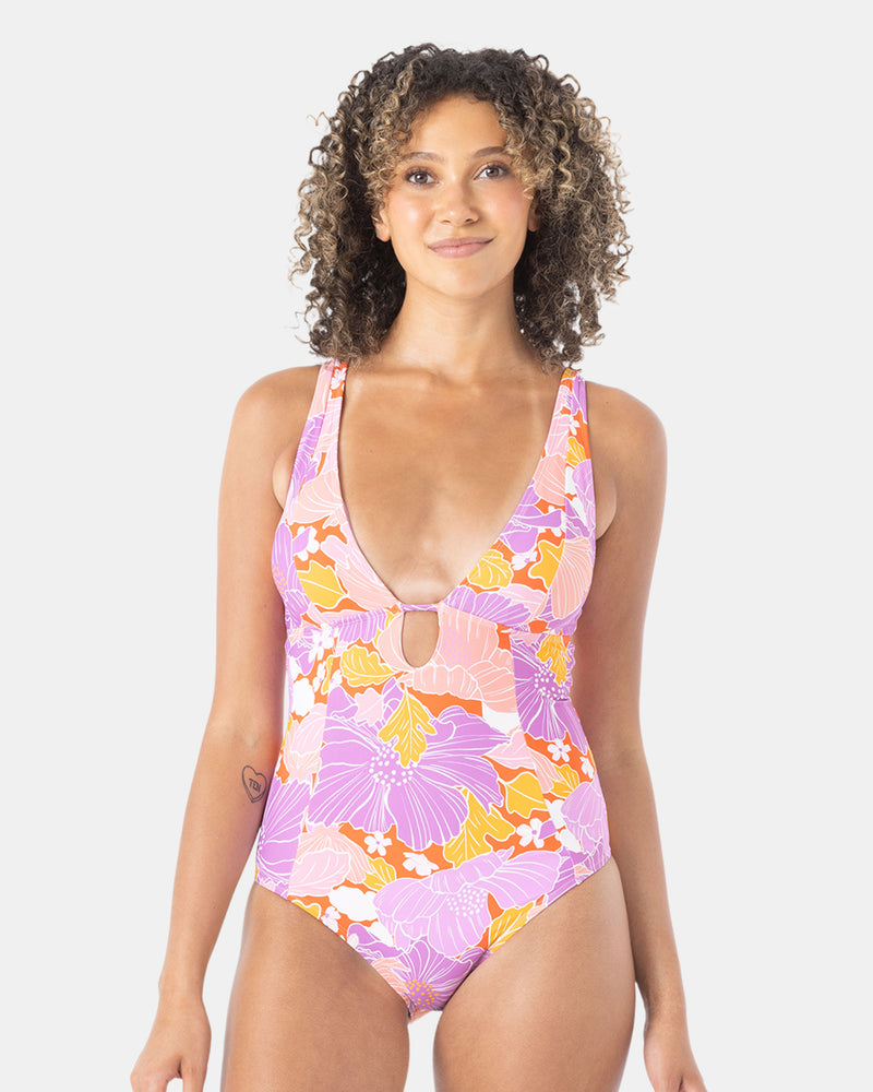One Pieces | Women Roxy Bell Bottom Blooms Plunge One Piece Swimsuit Lilac Multi