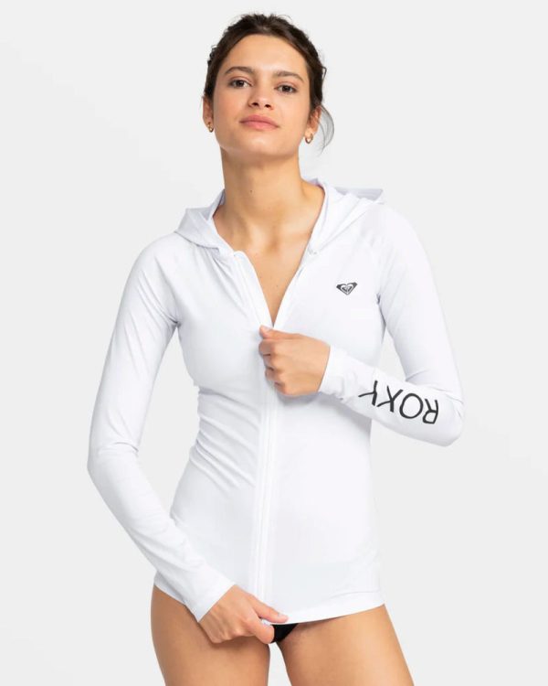 Rashguards | Women Roxy New Essentials Long Sleeve Hoodie Zipped Rashguard Bright White